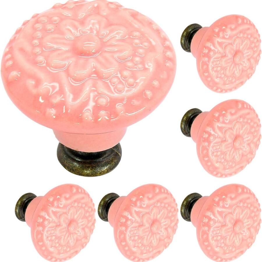 Winkrs Meubelknoppen Set lichtroze Keramiek Rond met Bloem 6x Roze Kastknop met schroef Vintage Antiek handgreep voor deur en lade