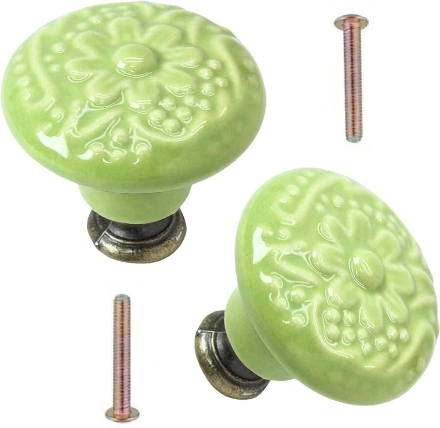 Winkrs Meubelknoppen Set Limoengroen Keramiek met Bloem 2x Groene ronde Kastknop met schroef Vintage Antiek handgreep voor deur en lade