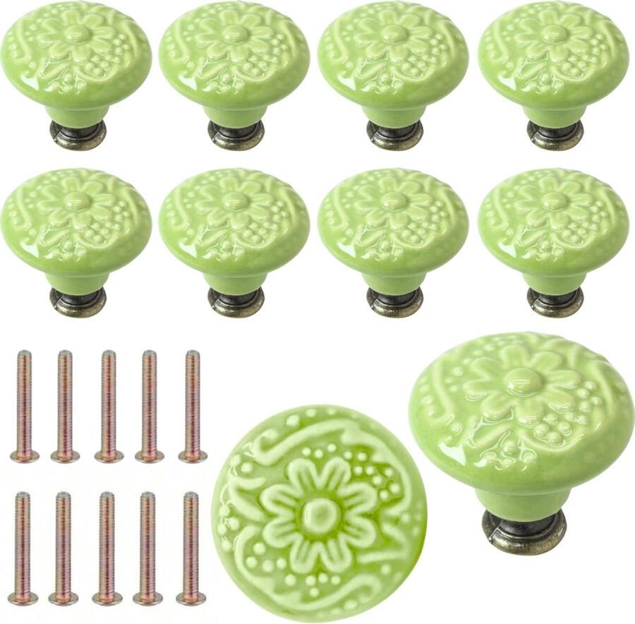 Winkrs Meubelknoppen Set Limoengroen Keramiek Rond met Bloem 10x Kastknop met schroef Vintage Antiek handgreep voor deur en lade