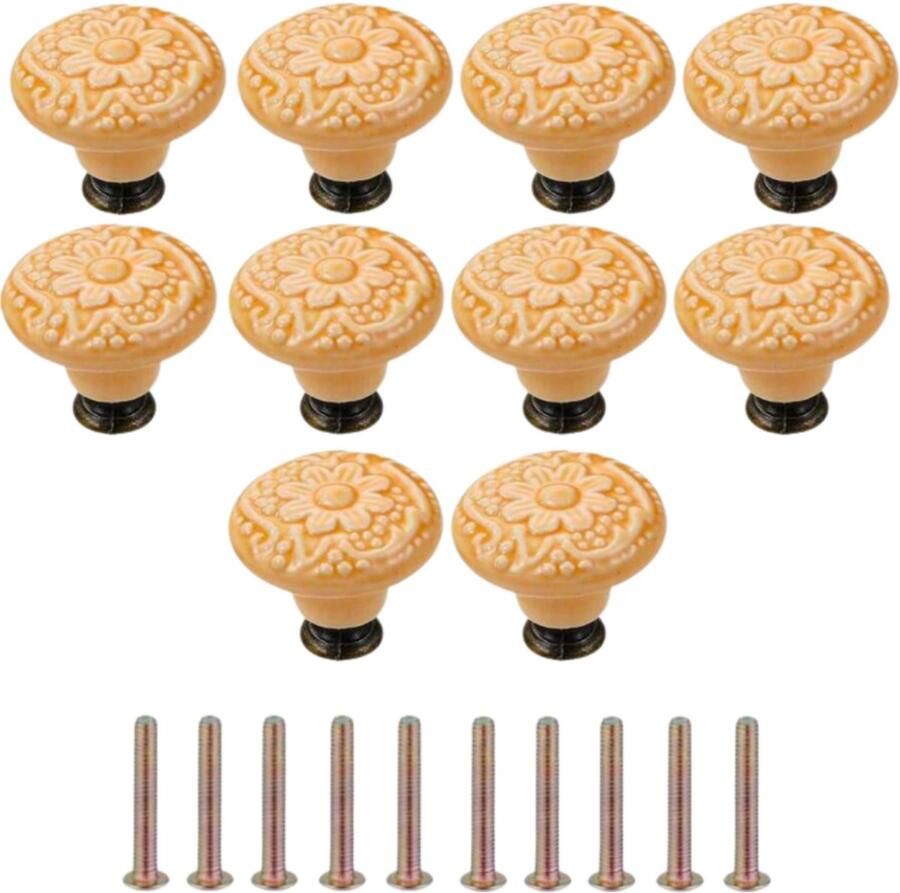 Winkrs Meubelknoppen Set Oranje Keramiek Rond met Bloem 10x Kastknop met schroef Vintage Antiek handgreep voor deur en lade