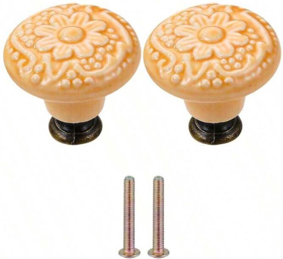 Winkrs Meubelknoppen Set Oranje Keramiek Rond met Bloem 2x Kastknop met schroef Vintage Antiek handgreep voor deur en lade