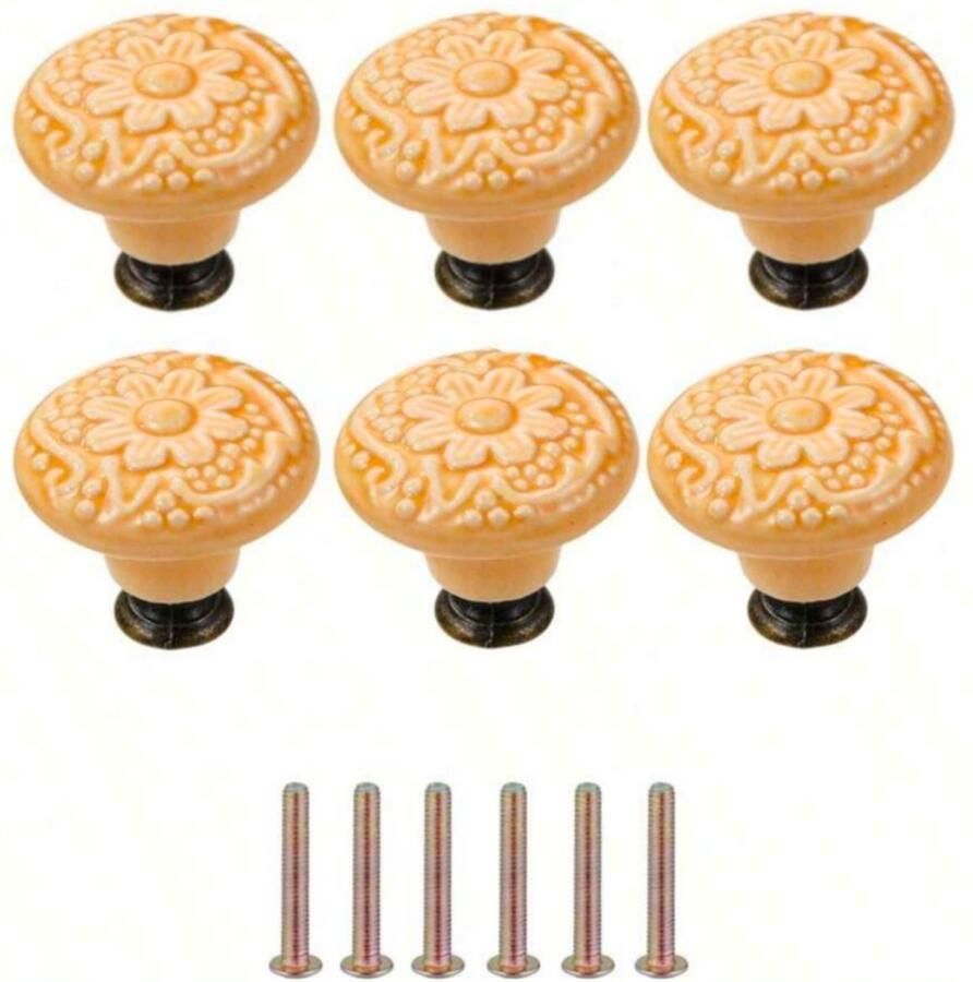 Winkrs Meubelknoppen Set Oranje Keramiek Rond met Bloem 6x Kastknop met schroef Vintage Antiek handgreep voor deur en lade
