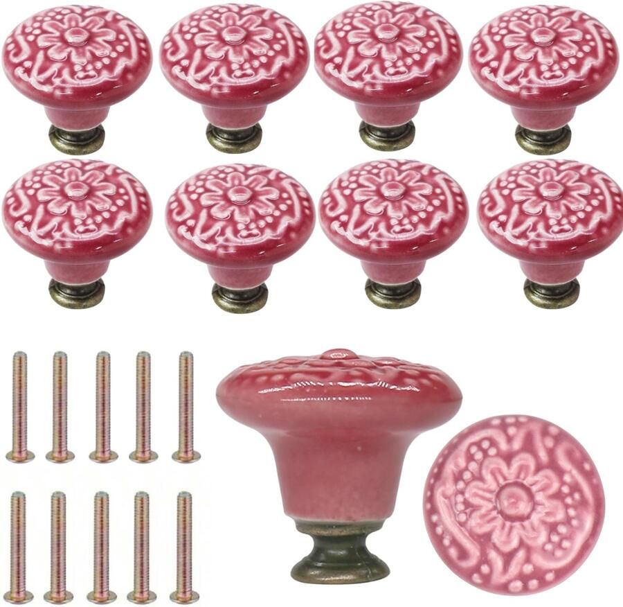 Winkrs Meubelknoppen Set Oudroze Keramiek Rond met Bloem 10x Roze Kastknop met schroef Vintage Antiek handgreep voor deur en lade