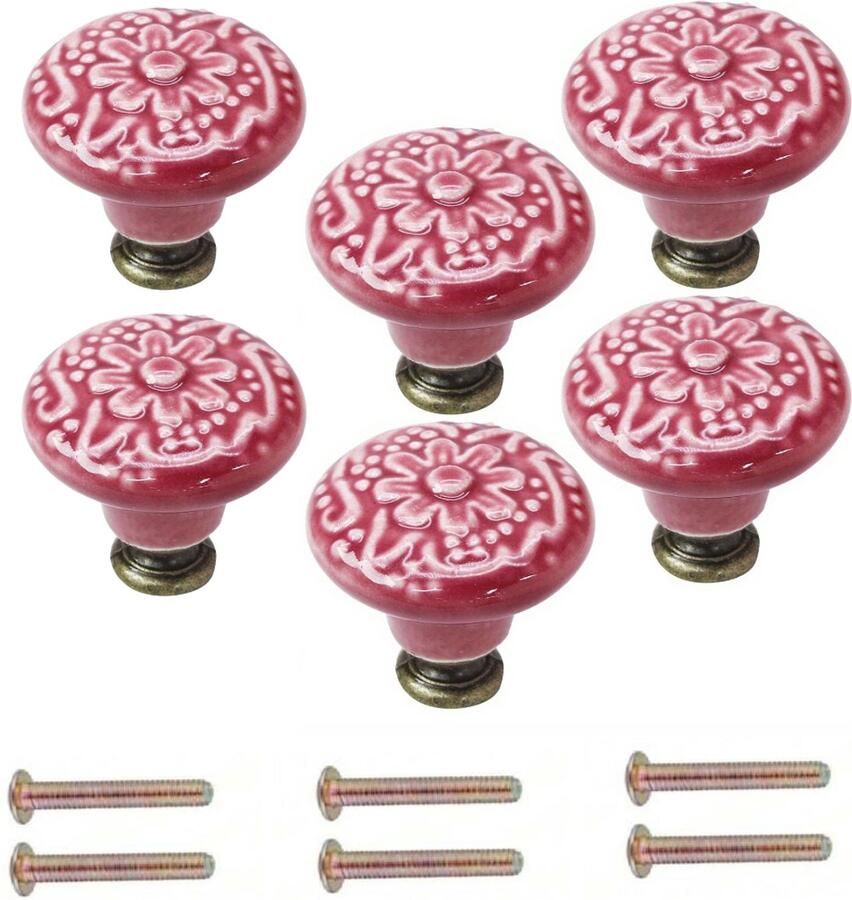 Winkrs Meubelknoppen Set Roze Keramiek Rond met Bloem 6x Kastknop met schroef Vintage Antiek handgreep voor deur en lade