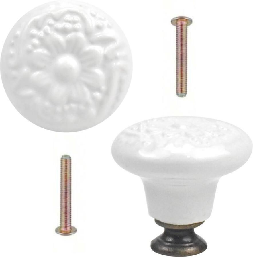 Winkrs Meubelknoppen Set Wit Keramiek met Bloem 2x Witte ronde Kastknop met schroef Vintage Antiek handgreep voor deur en lade