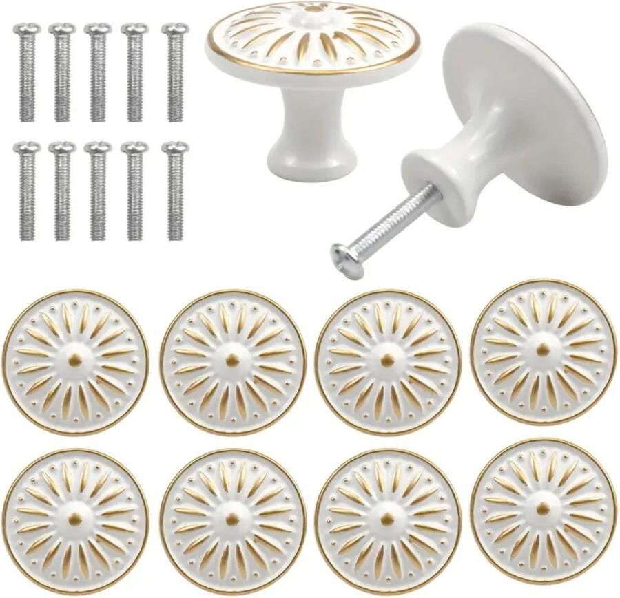 Winkrs Meubelknoppen Wit met Goud Set met 10 vintage knoppen Ronde Kastknoppen 30MM Ivoorwit