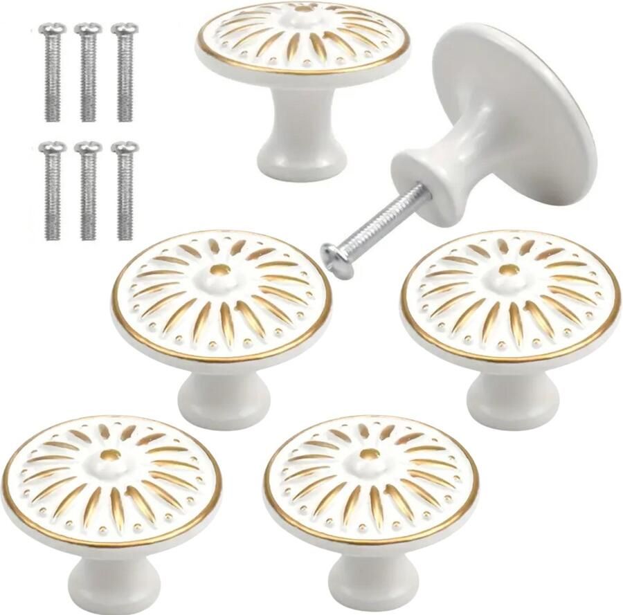 Winkrs Meubelknoppen Wit met Goud Set met 6 vintage knoppen Ronde Kastknoppen 30MM
