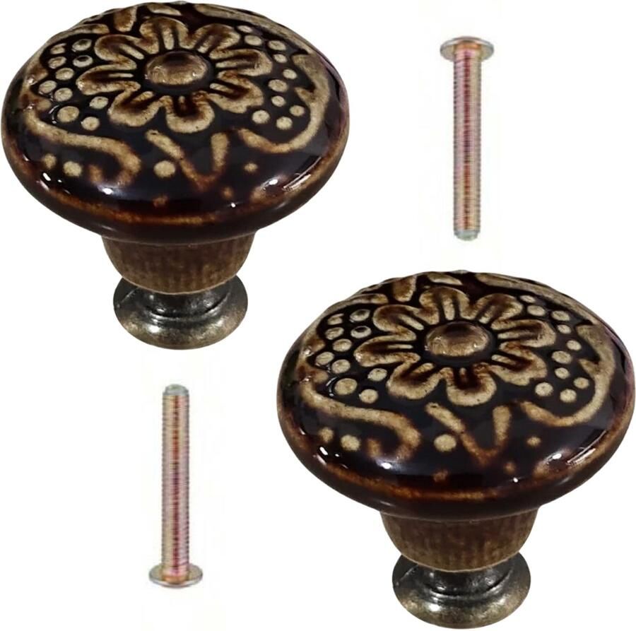 Winkrs Set van 2 Kastknoppen met Bloem Bruin Meubelknoppen Keramiek Rond Vintage Antiek handgreep voor deur en lade
