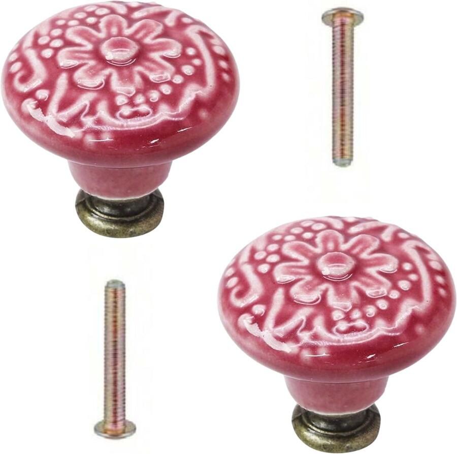 Winkrs Set van 2 Kastknoppen met Roze Bloem Meubelknoppen Keramiek Rond Vintage Antiek handgreep voor deur en lade Oudroze