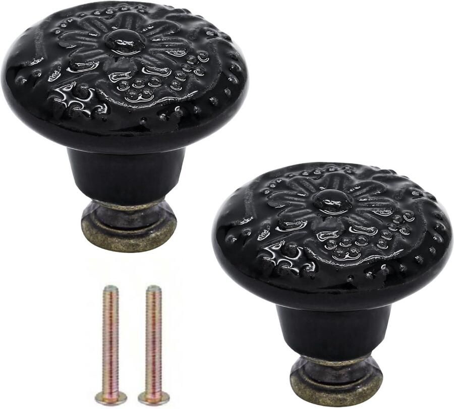 Winkrs Set van 2 Kastknoppen met Zwarte Bloem Meubelknoppen Keramiek Rond Vintage Antiek handgreep voor deur en lade