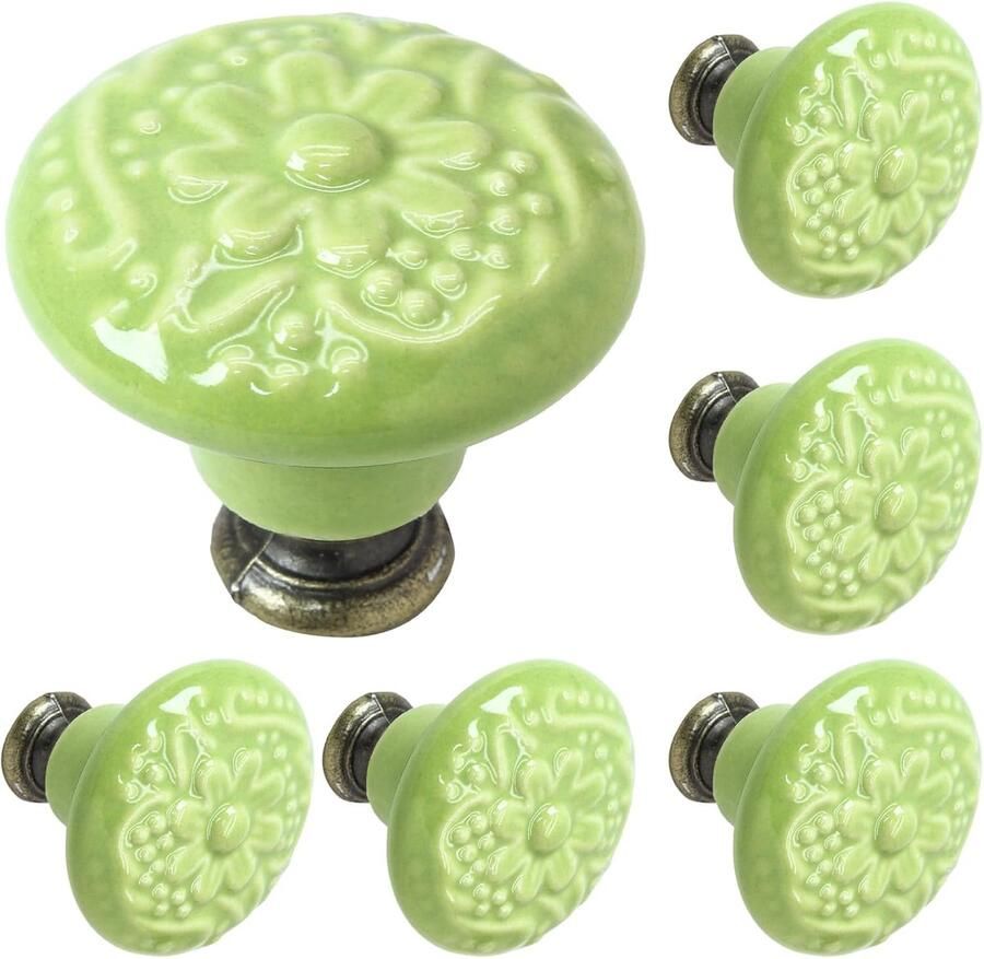 Winkrs Set van 6 Kastknoppen met Limoengroene Bloem Meubelknoppen Keramiek Rond Vintage Antiek handgreep voor deur en lade