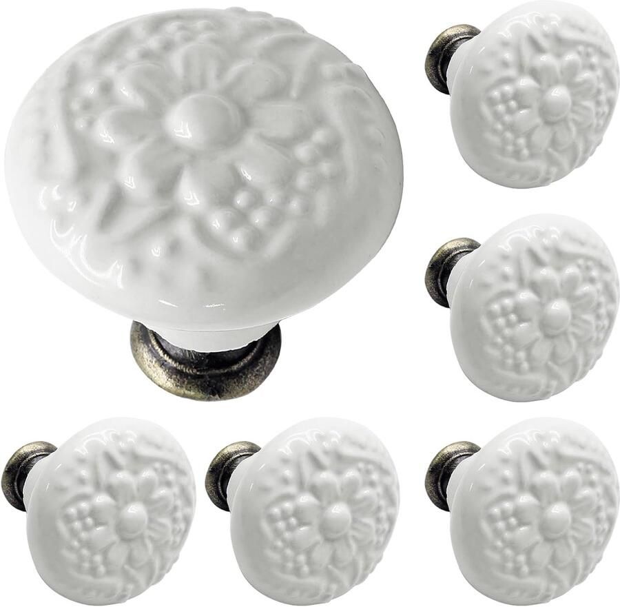 Winkrs Set van 6 Kastknoppen met Witte Bloem Meubelknoppen Keramiek Rond Vintage Antiek handgreep voor deur en lade