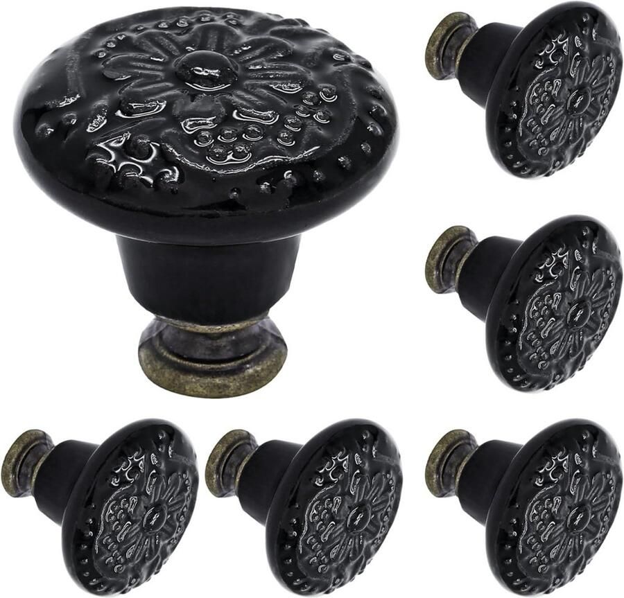 Winkrs Set van 6 Kastknoppen met Zwarte Bloem Meubelknoppen Keramiek Rond Vintage Antiek handgreep voor deur en lade