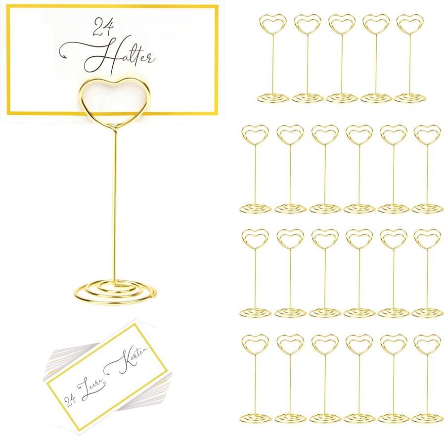 Winter Shore Hart Plaatskaarthouders Goud (24 stuks) Inclusief 24 blanco plaatskaarten Kaarthouder Tafel gemaakt van metaaldraad voor bruiloft feest restaurant 3 2 x 8 5 cm houder 8 4 x 4 8 cm kaarten