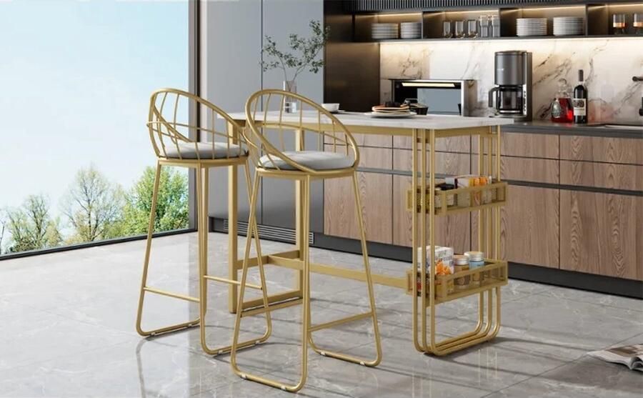 Wise 3-delige Set Met 1 Bartafel Moderne Bartafel Grijs Fluwelen Bekleding Frame In Goudkleur