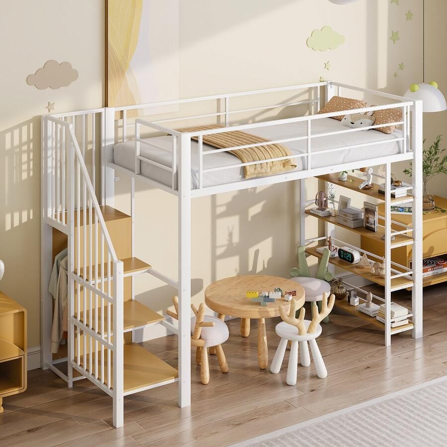 KOMHTOM Hoogslaper Eenpersoonsbed Jeugdbed 90x200 cm Wit Met veiligheidstrap en hoog hekwerk Met opbergruimte kleine kledingkast en legplanken - Foto 2