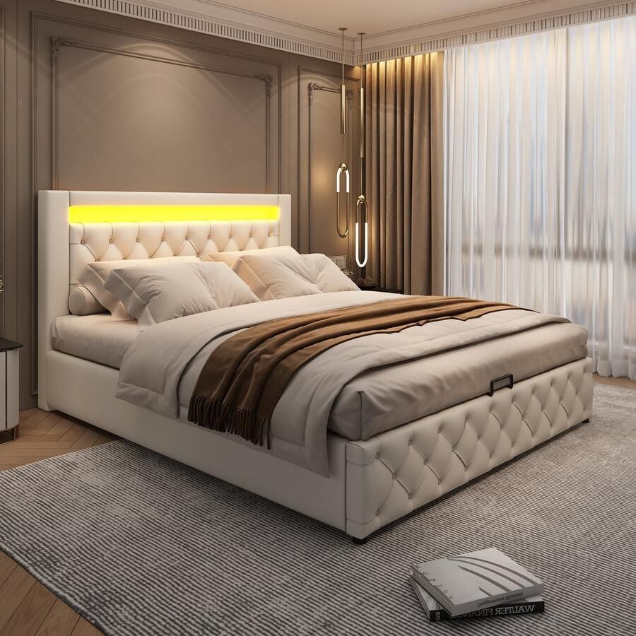 Singularity -Gestoffeerd bed 160 x 200 cm- functioneel bed met lattenbodem en opbergruimte- met ledverlichting- met opbergfunctie- wit- PU- ​​Zonder matras - Foto 2