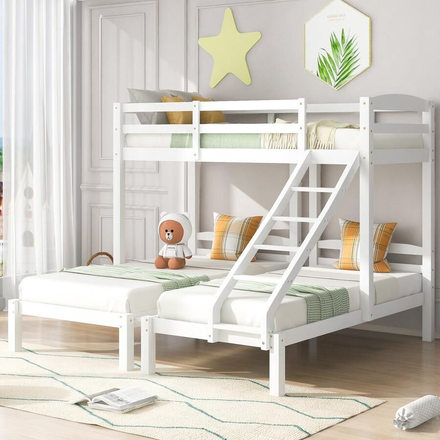 Sweiko Driepersoonsbed Kinderbed Driepersoonsstapelbed met zijladder voor kinderen en tieners Wit (90x200cm)