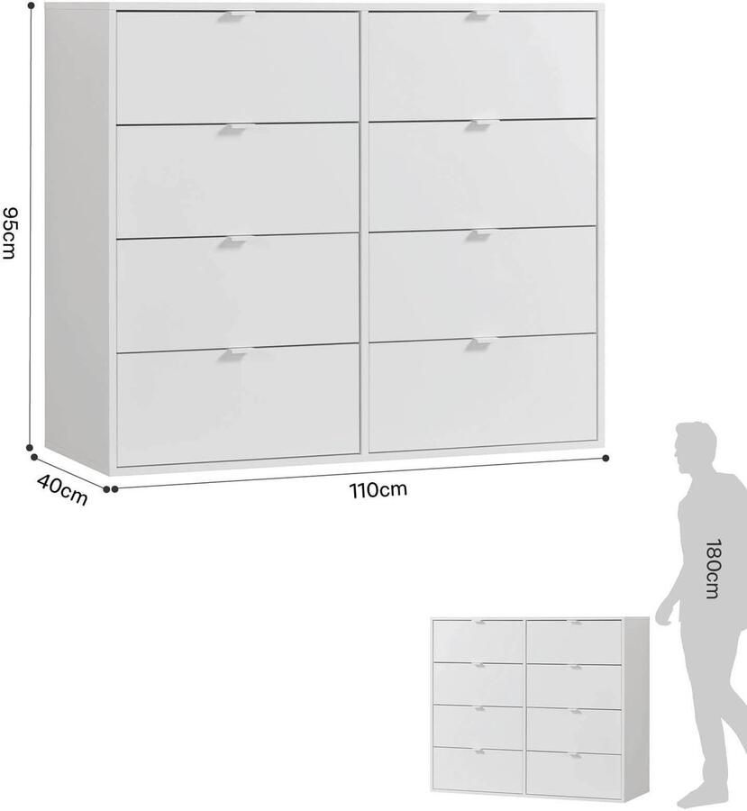 Wit mokebo commode 'Die Stilvolle' (110x95x40cm) sideboard voor slaapkamer hal & kinderkamer met 8 houten lades in