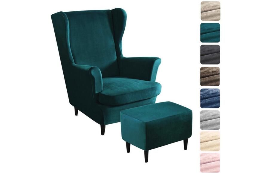 WNHB 3-Delige Stretch Fluwelen Oorfauteuilhoes met Voetenbankhoes Elastische Stoelhoes voor Hoge Rugleuning Turquoise