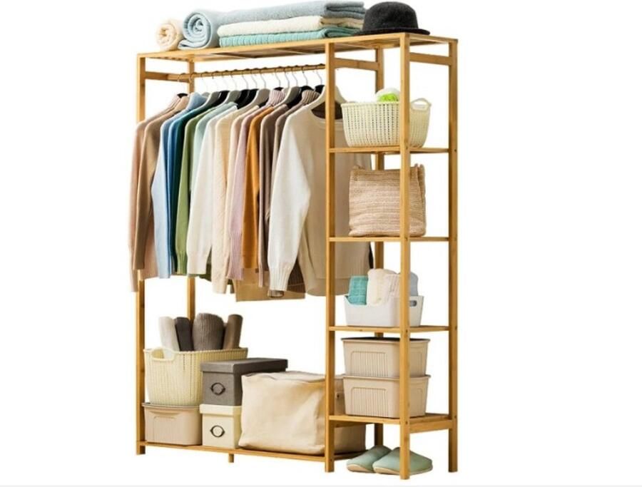 WNHB Bamboe Kledingkast 90x30x146 cm Kledingrek met Legplanken Houten Kast voor Slaapkamer of Hal Bruin