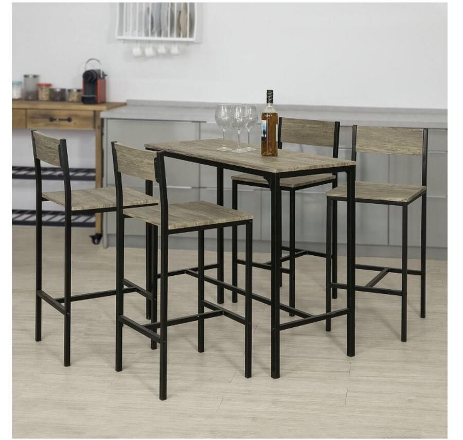 WNHB Bartafel Set met 4 Barkrukken Houten Bar 100x87x45 cm