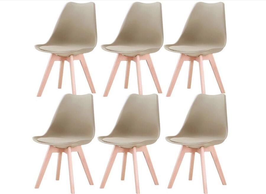 WNHB Eetkamerstoelen Set van 6 met Zitkussens Beige Stoelen met Beukenhouten Poten voor Eetkamer en Woonkamer