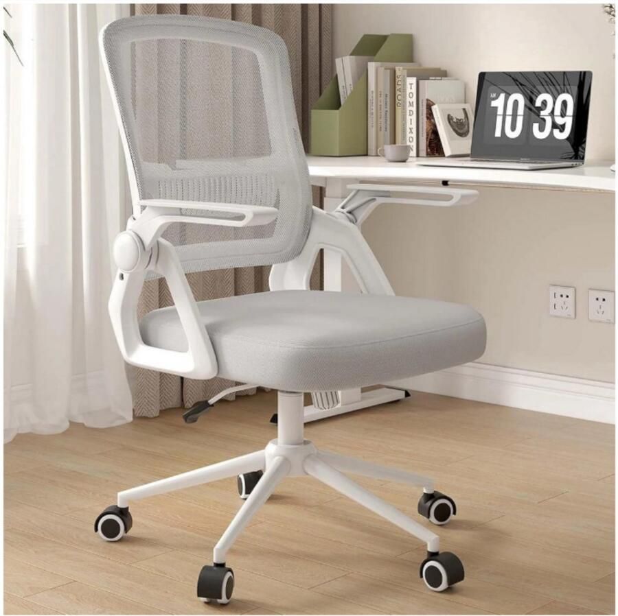 WNHB Ergonomische Bureaustoel Verstelbare Zithoogte Opvouwbare Armleuningen Metalen Onderstel Schommelstand Grijs