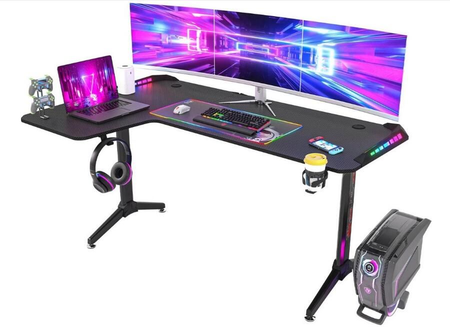 WNHB Gaming Bureau L Vormig – Elektrisch Hoogte Verstelbaar – Staand Bureau met LED Verlichting – Ergonomisch Design – Ruimtebesparend