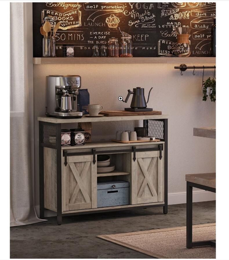 WNHB Greige Zwart Dressoir Stalen Opbergkast met Spaanplaat en Verstelbare Planken Industrieel Opbergmeubel 100x33x80cm