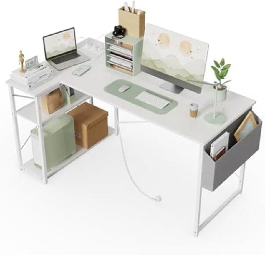 WNHB Hoekbureau met stopcontacten L-vormig computerbureau 100x70 cm Bureau met opbergplanken Werkstation voor thuis kantoor studie en gaming