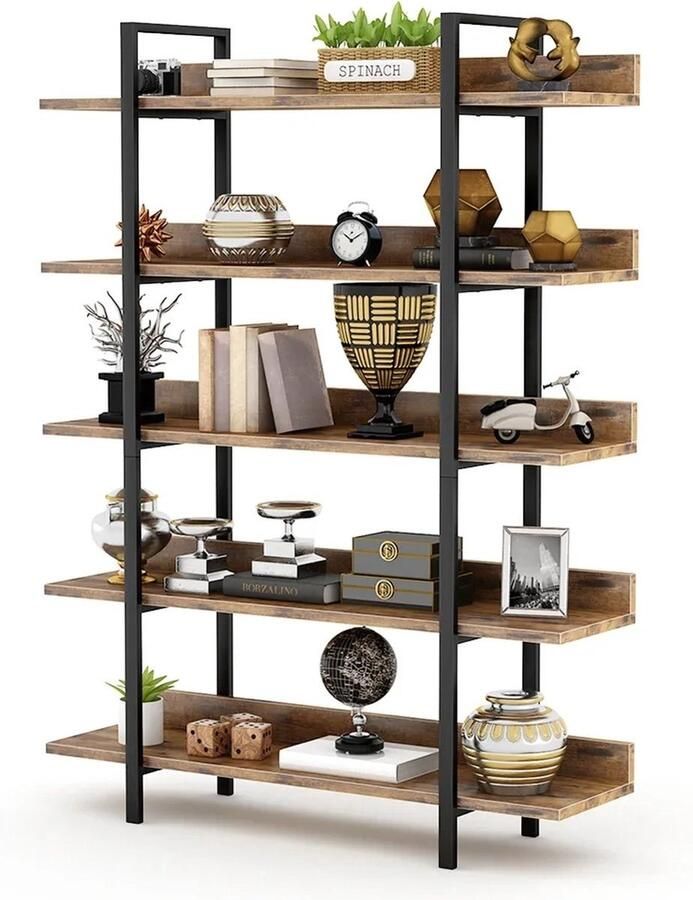 WNHB Industriële Boekenkast 5 Lagen Boekenrek met Wandbevestiging Zwart Buisframe en Bruine Planken 105x33x180 cm