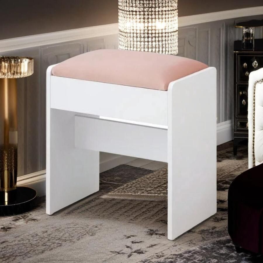 WNHB Kaptafel Krukje Gewatteerde Fluwelen Make-up Kruk Comfortabele Stoel met Antislip Voetjes Wit Roze
