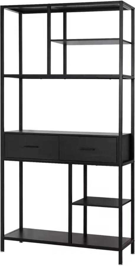 WNHB Kast wandkast met laden 6 niveaus 2 lades hout en metaal zwart 90x30x180 cm