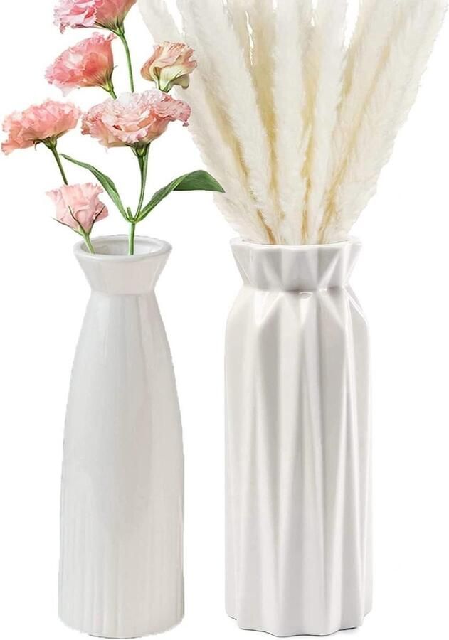 WNHB Keramische vaas wit 18 cm Moderne decoratieve vaas voor bloemen en pampasgras Boho woondecoratie voor woonkamer of tafel