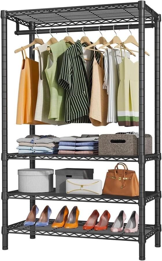 WNHB Kledingrek met plank Stabiele kledingstang Zwart kledingrek 90x43x180 cm Kledingrek voor slaapkamer hal en garderobe