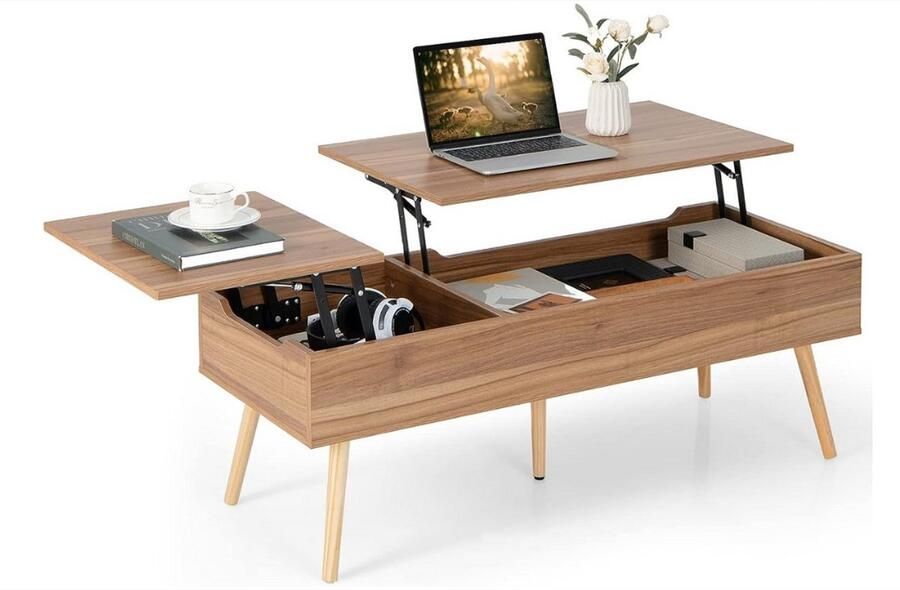 WNHB Lift top salontafel met opbergruimte Centrumtafel met 2 verborgen compartimenten en 5 houten poten Verstelbare koffietafel 120x49x42 cm bruin
