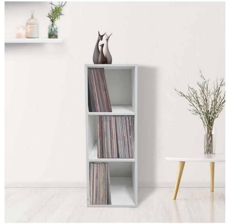 WNHB LP Platenkast Wit – Vinyl Opbergkast Met 3 Vakken – Voor LP s Boeken en Woonaccessoires – Stijlvolle Kast voor Woonkamer of Studio