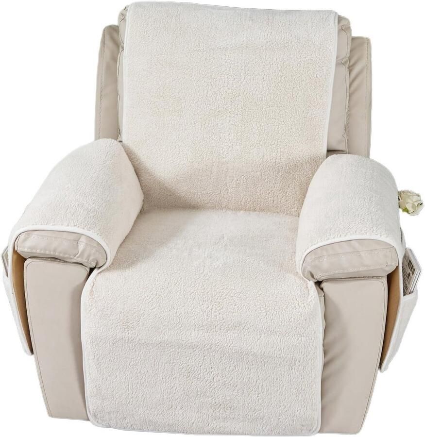 WNHB Luxe Ligstoelhoes en Fauteuilbeschermer – Sherpa Stof – Antislip – Met Opbergvakken – Voor Relaxstoelen – Crèmekleur