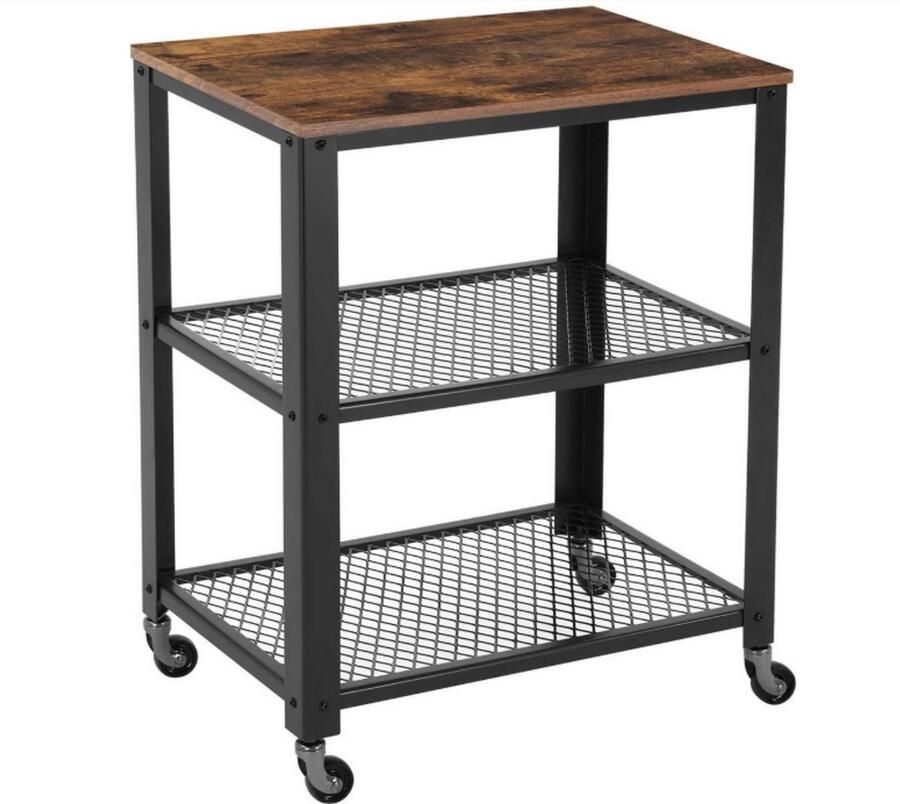 WNHB Mobiele Industriële Bijzettafel met 3 Lagen – Met Wielen – Trolley – Zwart & Rustiek Bruin – Opbergtafel voor Woonkamer Keuken of Kantoor