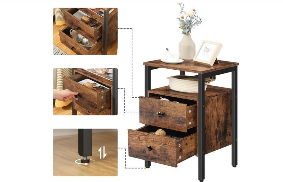 WNHB Nachtkastje Industrieel Rustic Brown Bijzettafel met 2 Lades en Opbergplanken 40x40x61 cm Donker Hout