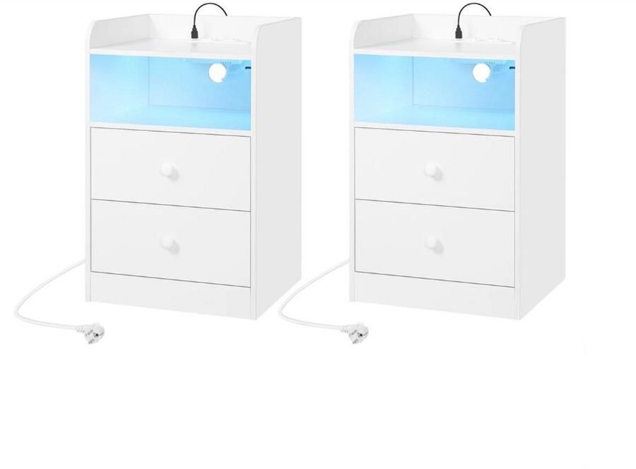 WNHB Nachtkastjes Met LED Licht En Oplaadstation Set Van 2 Nachtkastjes Met 2 Lades Open Vak 2 USB Poorten En Stopcontacten Wit