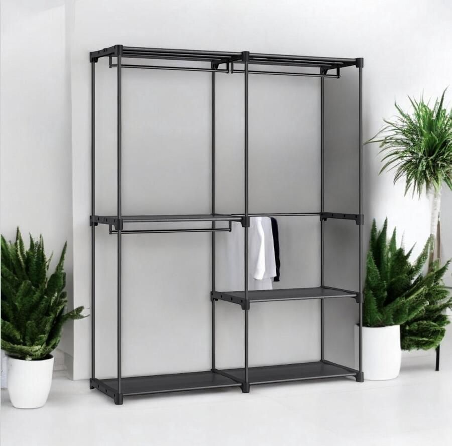 WNHB Open Kledingkast Kledingrek met Kledingstang Garderobe met 3 Vakken 43x138x182 cm Slaapkamer Woonkamer