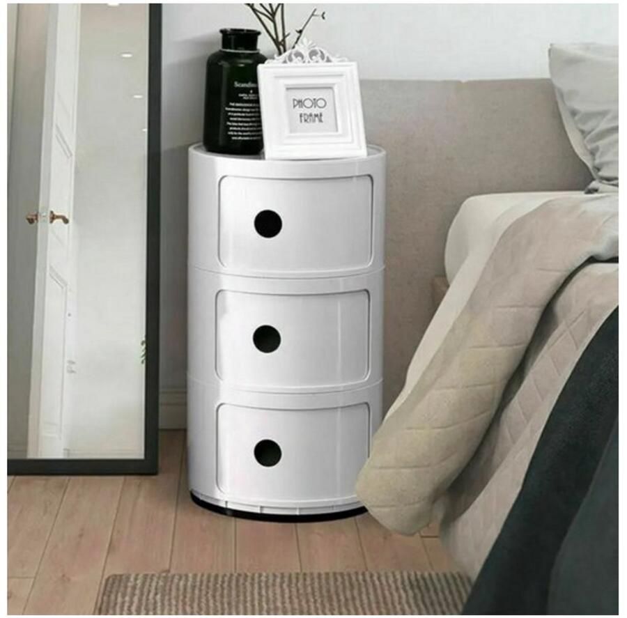 WNHB Rond nachtkastje wit Compact modern kastje met schuifdeuren Ruimtebesparend design 32x58 cm