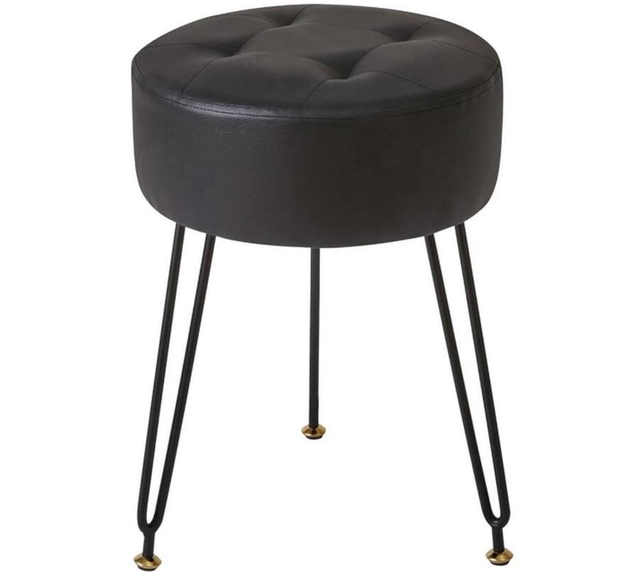 WNHB Ronde Voetensteun Kruk van Kunstleer Zwarte Poef met Gouden Stalen Poten Make-up Kruk en Bijzettafel