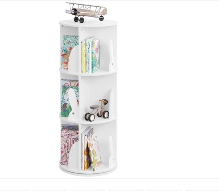 WNHB Roterende Boekenkast 360 Graden 3 Laags Kinder Boekenrek met Konijnenoren Montessori Boekenplank voor Kinderkamer en Babykamer Wit