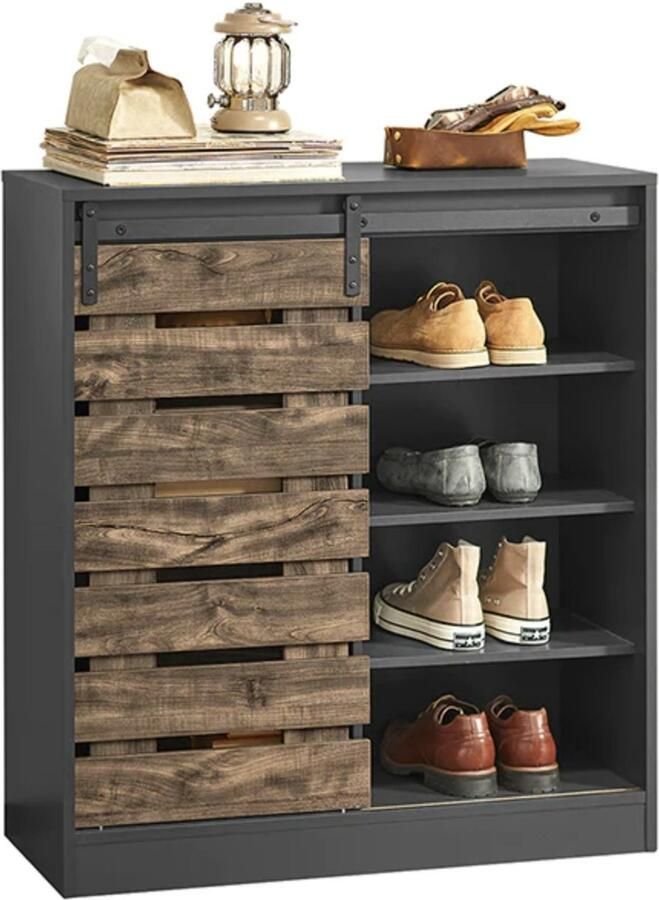 WNHB Simpletrade Schoenenkast met Schuifdeuren – Zwarte Opbergkast met 8 Legplanken – MDF – 80x89x35 cm