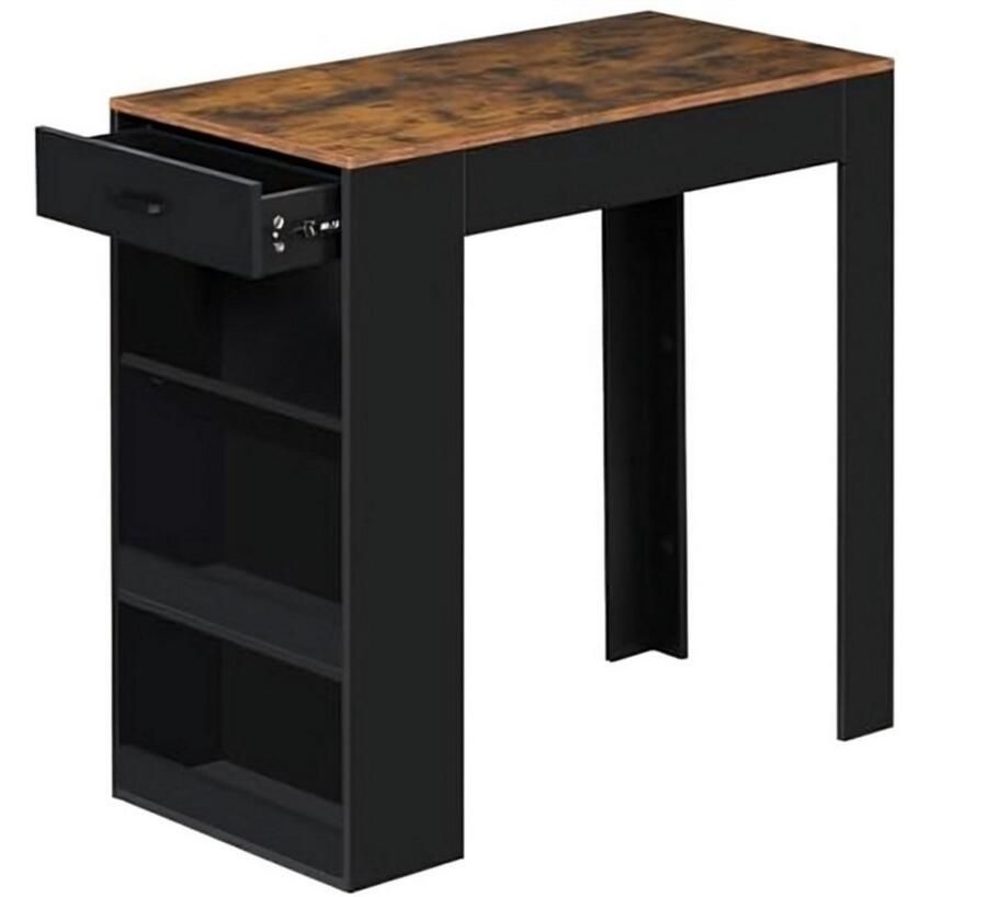 WNHB Statafel met Wijnrek – Bartafel met Lade en Planken – Smalle Keukentafel voor Wijnflessen en Glazen – Industrieel Design – Vintage Bruin