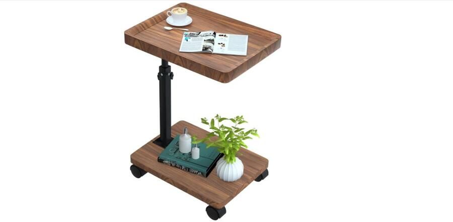 WNHB Verstelbare Houten Bijzettafel Met Wieltjes C Vorm Tafel 360 Graden Draaibaar Laptoptafel Nachtkastje Bijzetmeubel