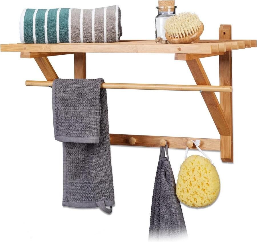 WNHB Wandkapstok met Hoedenplank – Bamboe Wandrek met 4 Haken – Voor Badkamer Hal Gang of Slaapkamer
